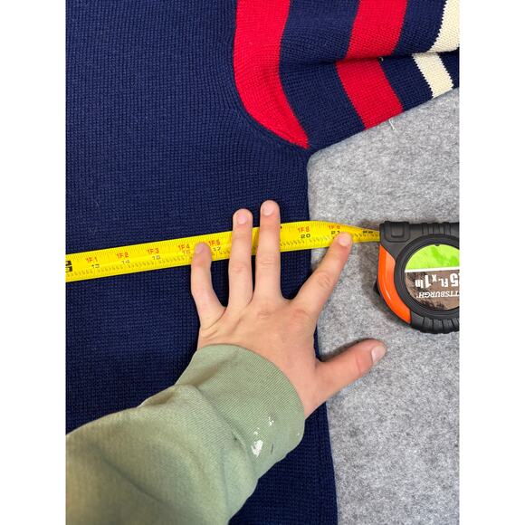 VINTAGE 70s Sweater Mens Medium Blue Striped Pullover Cozy Knit Retro Sportswear - Picture 2 of 5